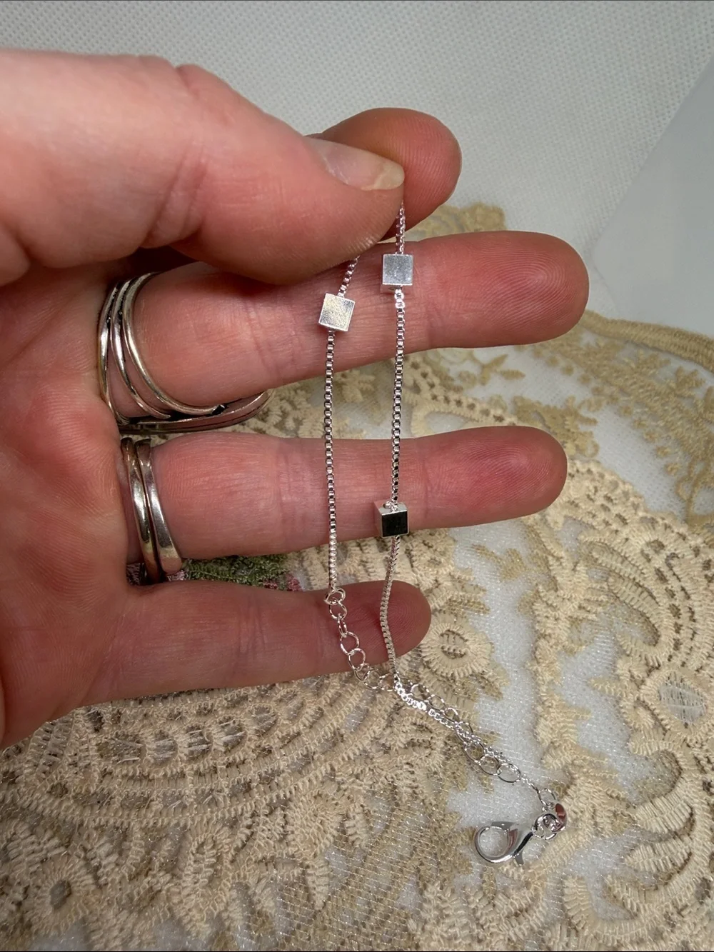 925 Sterling Silver Box Chain Bracelet with Three Geometric Cube Beads Clean